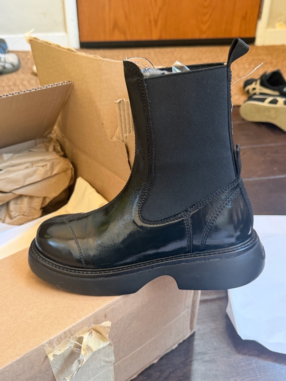 Ganni Black Patent Leather Chelsea Ankle Boots